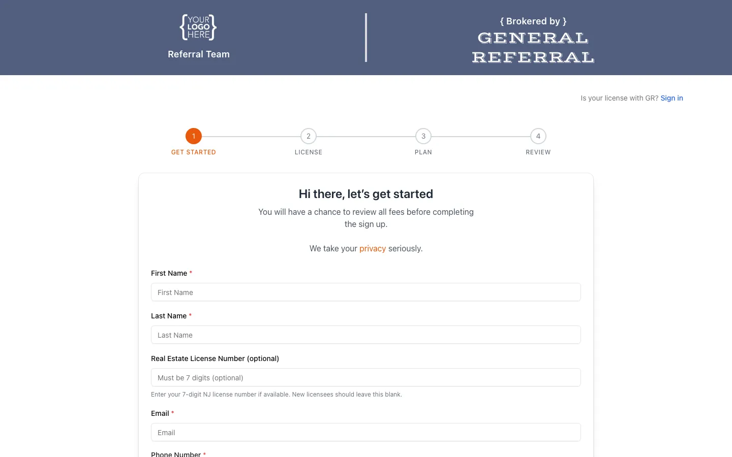 Co-branded referral team join page showing your logo alongside General Referral