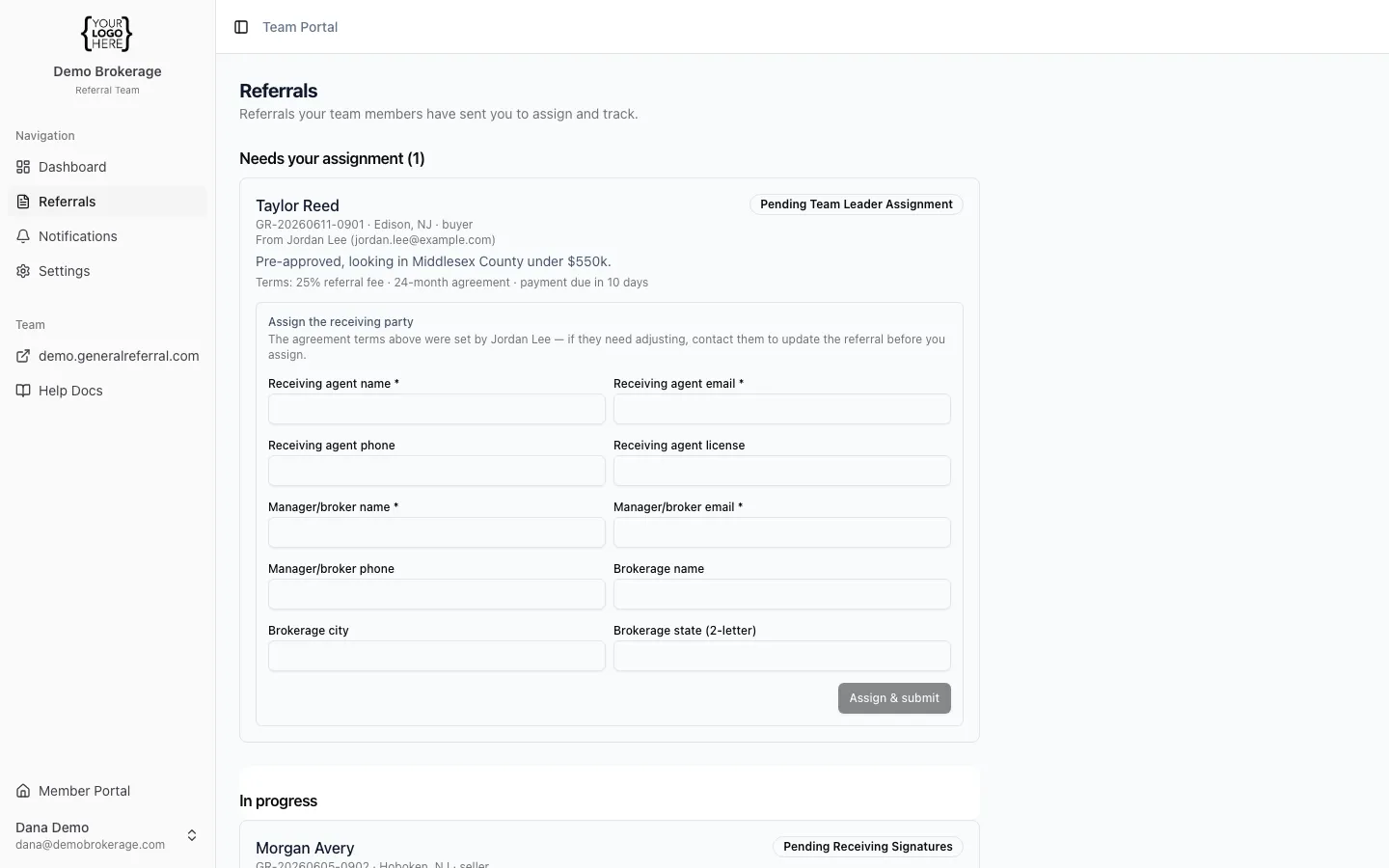 Referral assignment inbox showing an incoming lead with commission terms